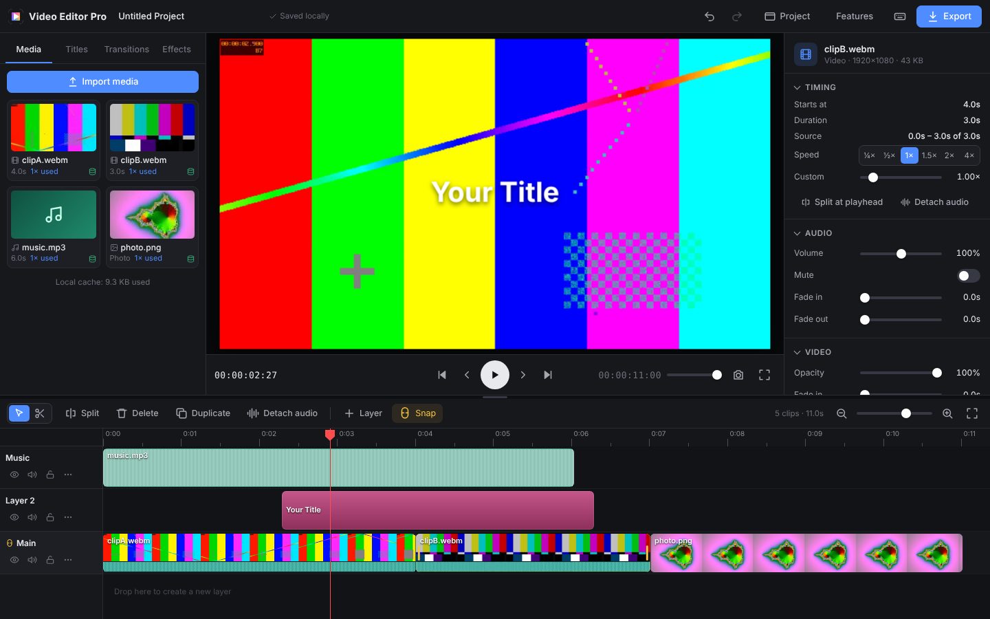 Video Editor Pro showing the media library, video preview, clip inspector and a multi-layer timeline with video, title and music tracks